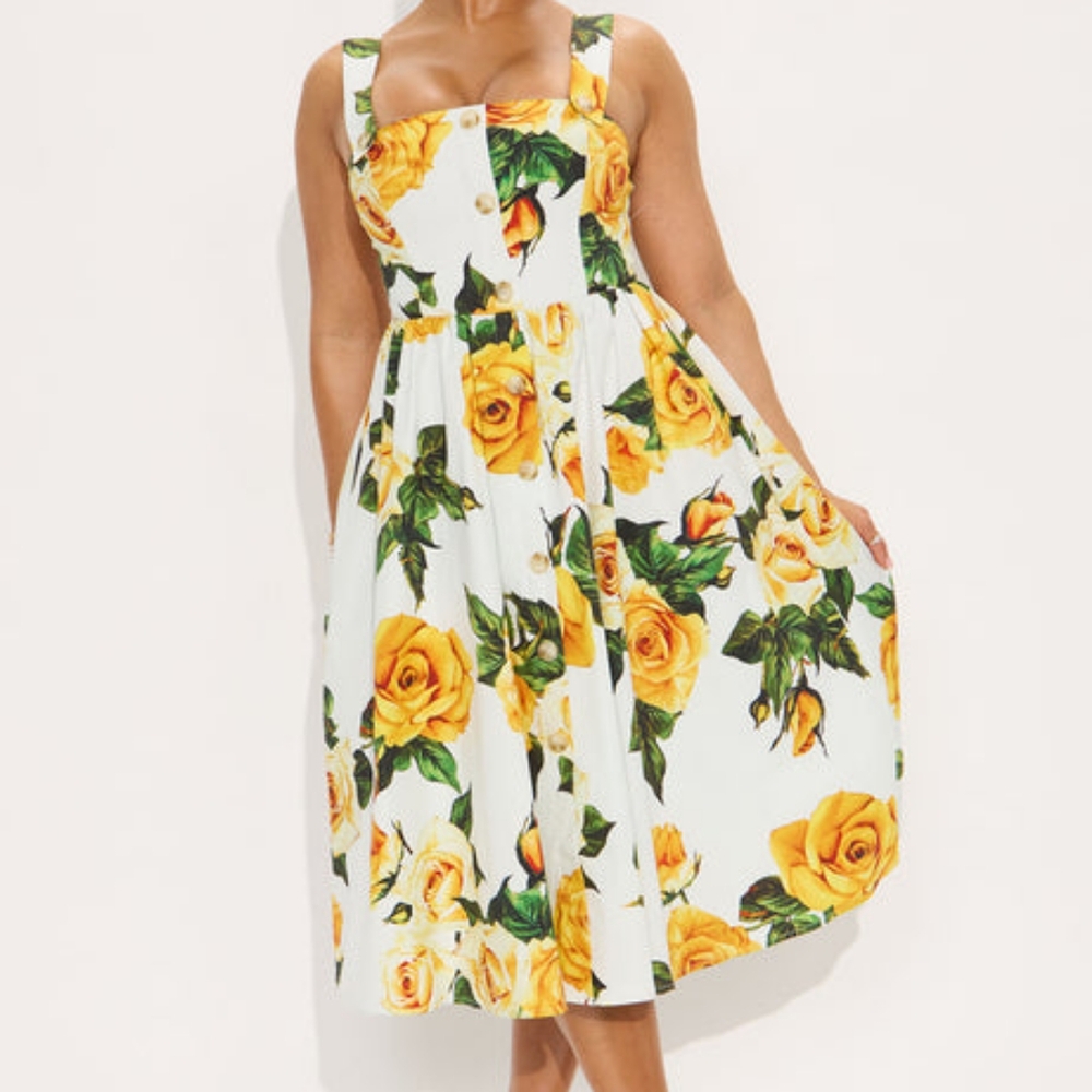 Fashion Nova Bright Sunday Symphony Floral Midi Dress - Yellow/combo